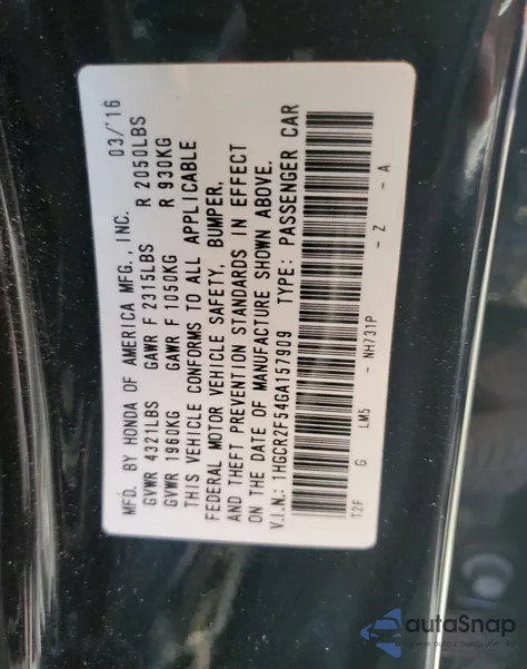 2016 Honda Accord Sport z USA, uszkodzony, nr VIN 1HGCR2F54GA157909